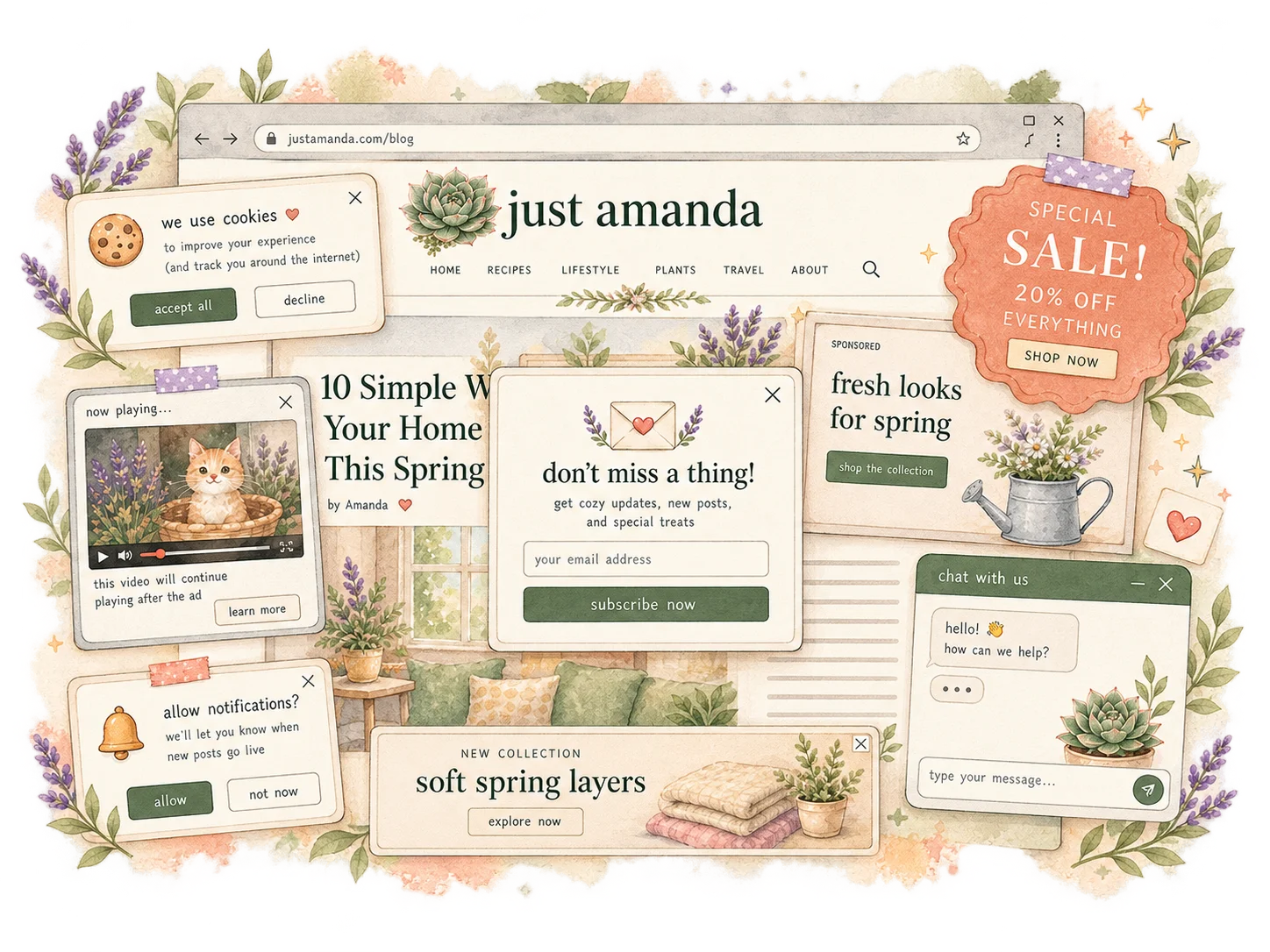 Watercolor illustration of a blog page overwhelmed by ads, newsletter popups, cookie notices, autoplay video, notifications, and chat boxes.