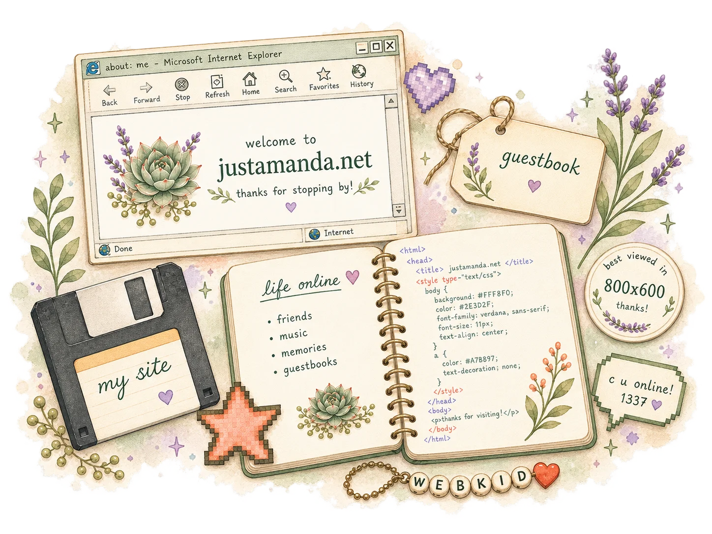 Watercolor illustration of an early-2000s personal website, floppy disk, handwritten HTML and CSS, guestbook tag, pixel graphics, hearts, and other nostalgic internet ephemera.